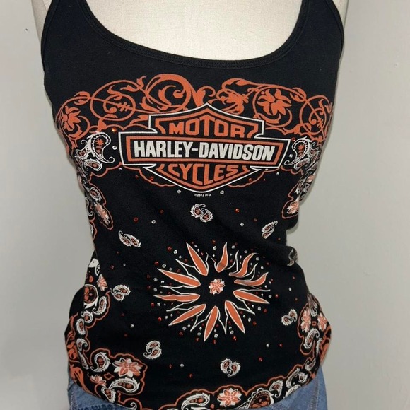 Harley-Davidson Women's Black Tank Top Bandana Paisley Bling Y2K Biker - Picture 2 of 5
